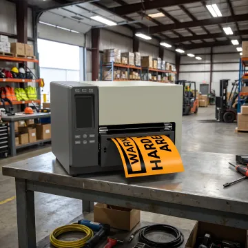 Worker applying biohazard compliance label