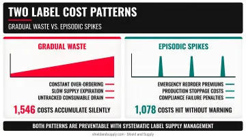 Two manufacturing label cost patterns gradual waste versus episodic spikes comparison