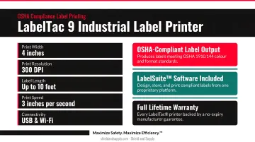 LabelTac 9 industrial label printer producing OSHA compliance safety labels