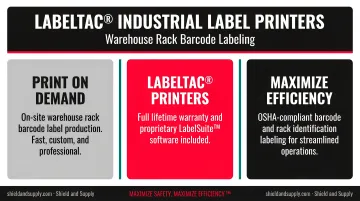 LabelTac industrial label printer producing warehouse rack barcode labels