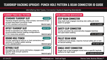 Teardrop racking upright punch hole pattern and beam connector identification guide