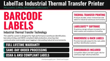 LabelTac industrial thermal transfer printer producing barcode labels in warehouse setting
