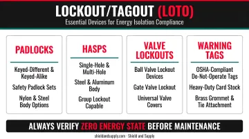Assorted LOTO devices including padlocks hasps valve lockouts and warning tags