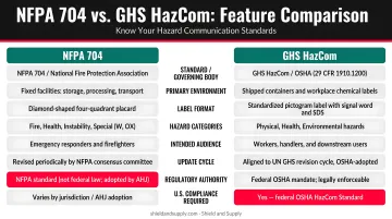 NFPA 704 versus GHS HazCom label side-by-side feature comparison infographic