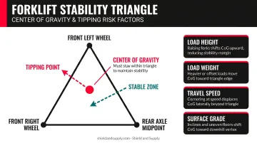 Forklift stability triangle diagram showing center of gravity tipping risk factors