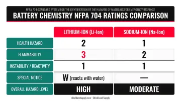 Battery chemistry NFPA 704 ratings comparison chart lithium sodium ion infographic