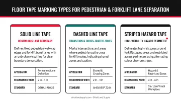 Three floor tape marking types for pedestrian and forklift lane separation