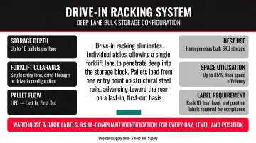 Drive-in warehouse racking system with forklift entering deep storage lane
