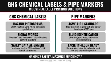 Industrial label printer producing GHS chemical labels and pipe markers on facility floor