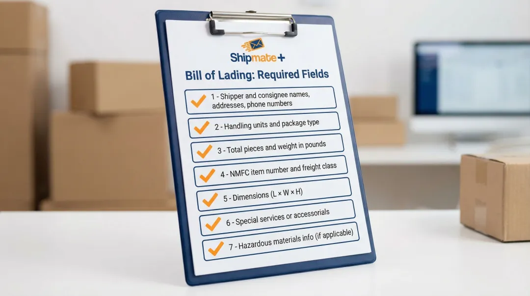 Bill of Lading required fields checklist infographic for freight shipments