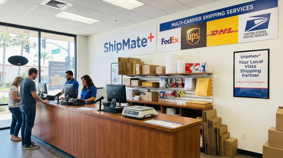 ShipMate Plus Vista CA storefront interior showing FedEx shipping counter and packing supplies