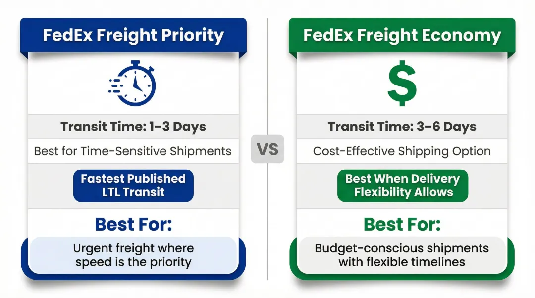 FedEx Freight Priority versus Economy service tier comparison infographic