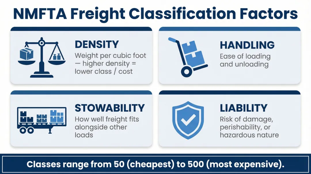 Four freight class factors density handling stowability liability explained infographic