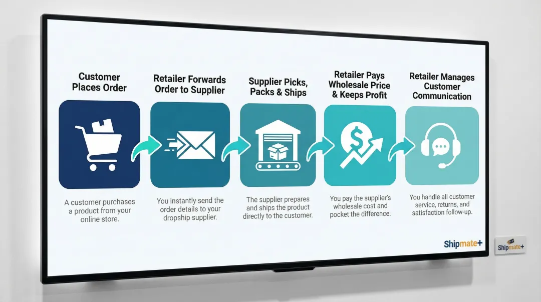 5-step dropshipping order fulfillment process flow from customer to delivery