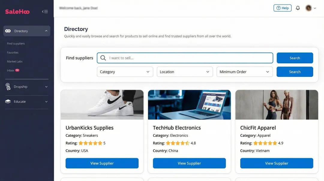 Dropshipping supplier directory platform interface showing vetted wholesaler listings
