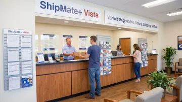ShipMate Plus Vista location storefront offering DMV registration and shipping services