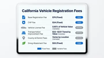 California vehicle registration fee components breakdown infographic with six charges