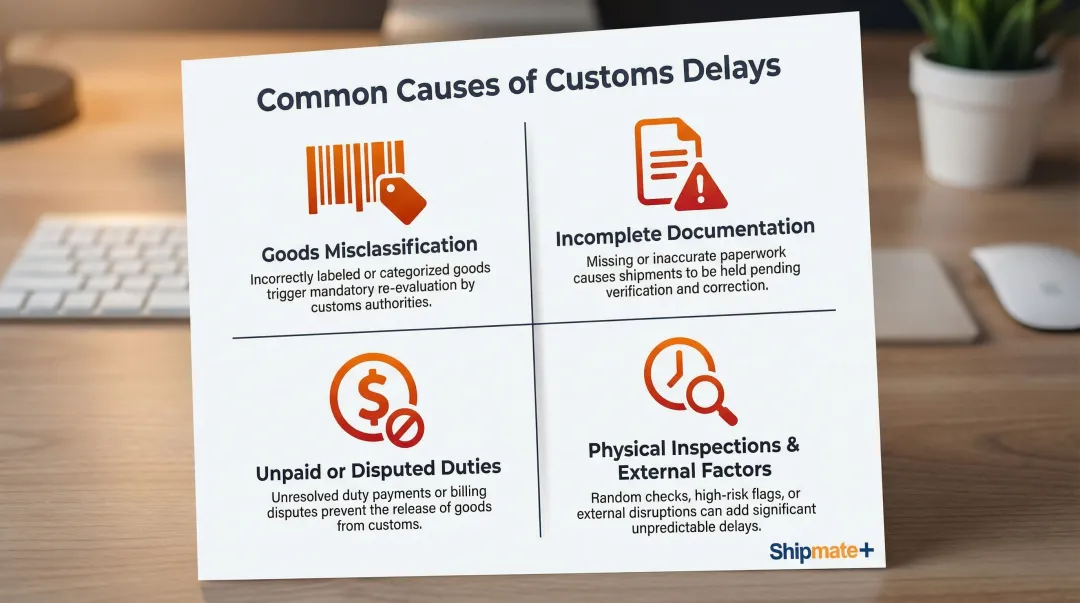 Four common causes of international shipment customs delays comparison infographic