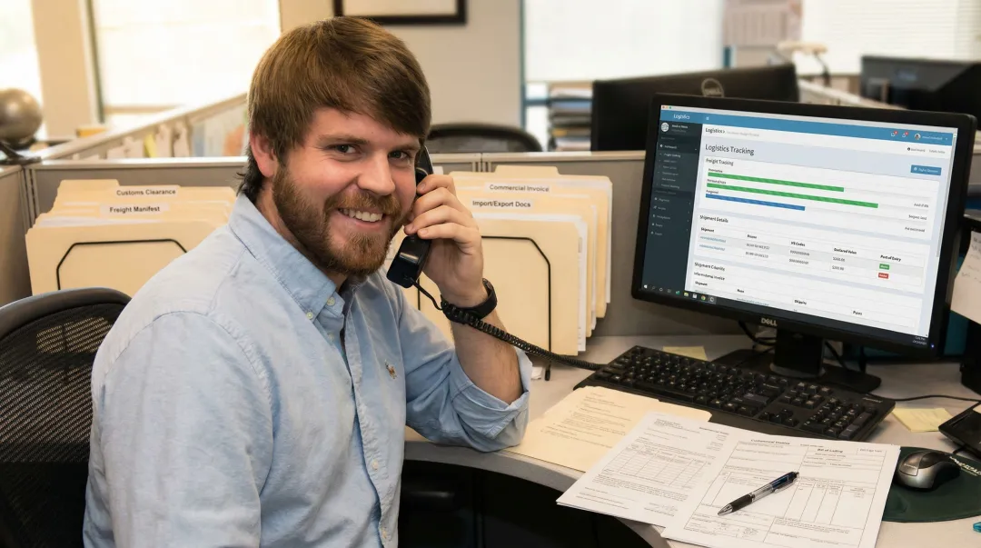 Customs broker reviewing international shipping documents and import paperwork at desk