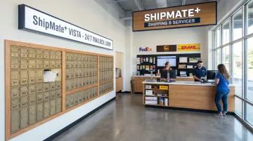 ShipMate Plus Vista storefront showing 24/7 mailbox lobby and service counter