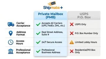 Private mailbox versus USPS P.O. Box four-point feature comparison infographic