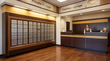 UPS Store private mailbox rental area with numbered mailbox units and service counter