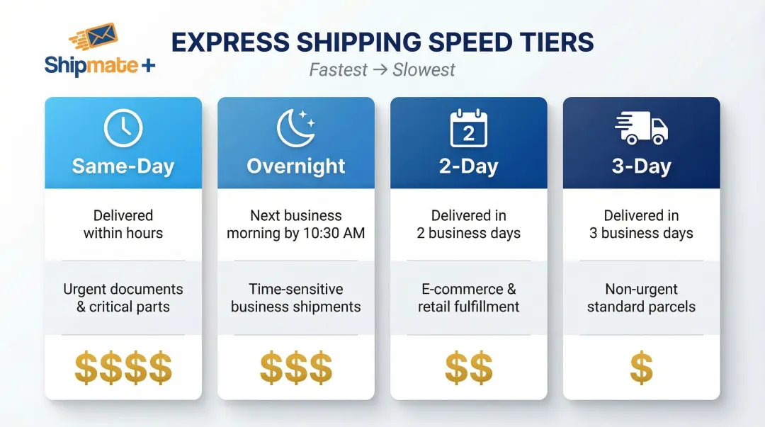 Four express shipping speed tiers comparison chart same-day to 3-day delivery