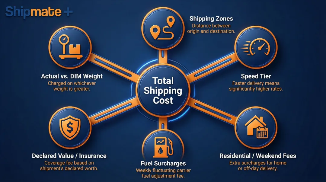 Express shipping cost factors breakdown including weight zones surcharges and fees