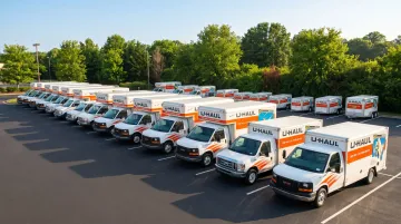 U-Haul moving truck fleet lineup showing various truck sizes on rental lot