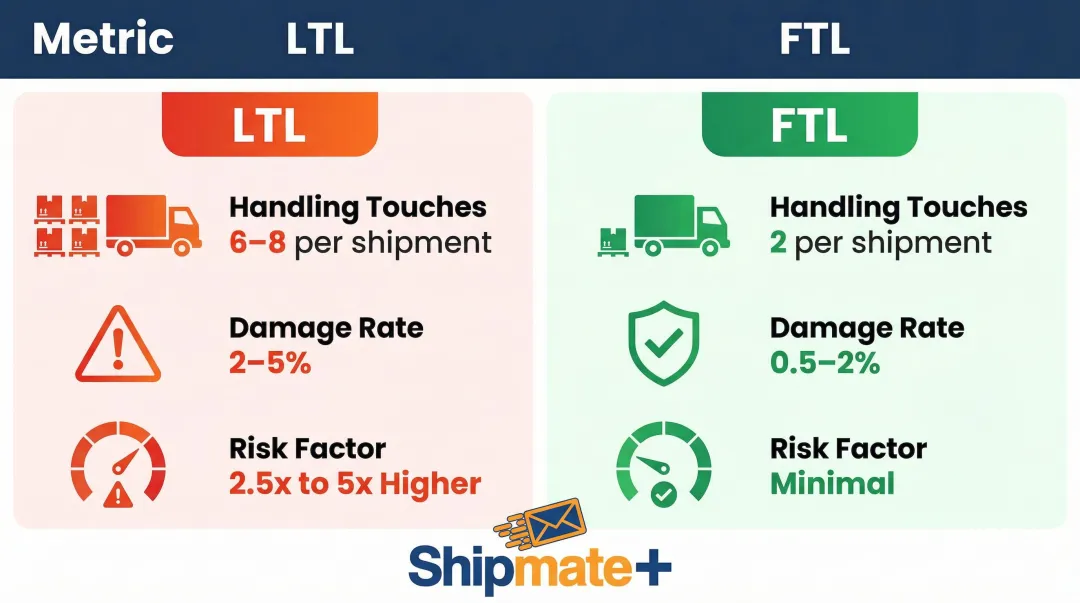 LTL versus FTL cargo handling touches and damage rate comparison infographic