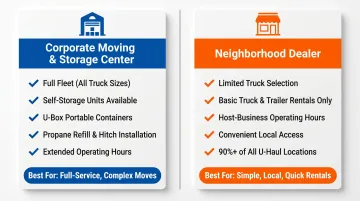 U-Haul corporate center versus neighborhood dealer comparison infographic