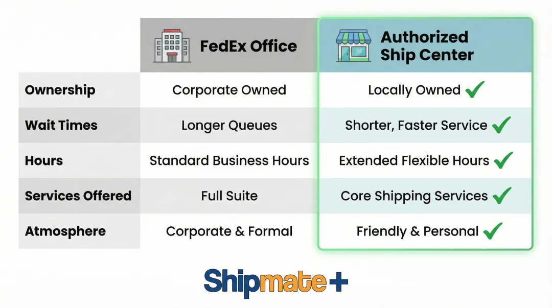 FedEx Office versus Authorized Ship Center side-by-side feature comparison chart