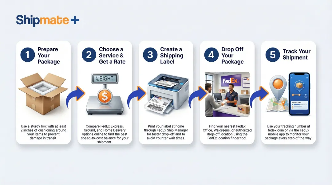 Five-step FedEx package shipping process from preparation to tracking