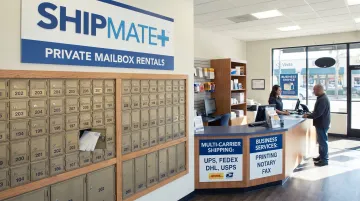 ShipMate Plus Vista storefront entrance with mailbox lobby and shipping services