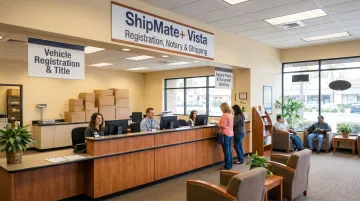 ShipMate Plus Vista storefront showing auto registration and business services counter