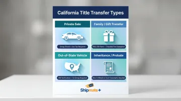 Four California vehicle title transfer types comparison infographic with requirements
