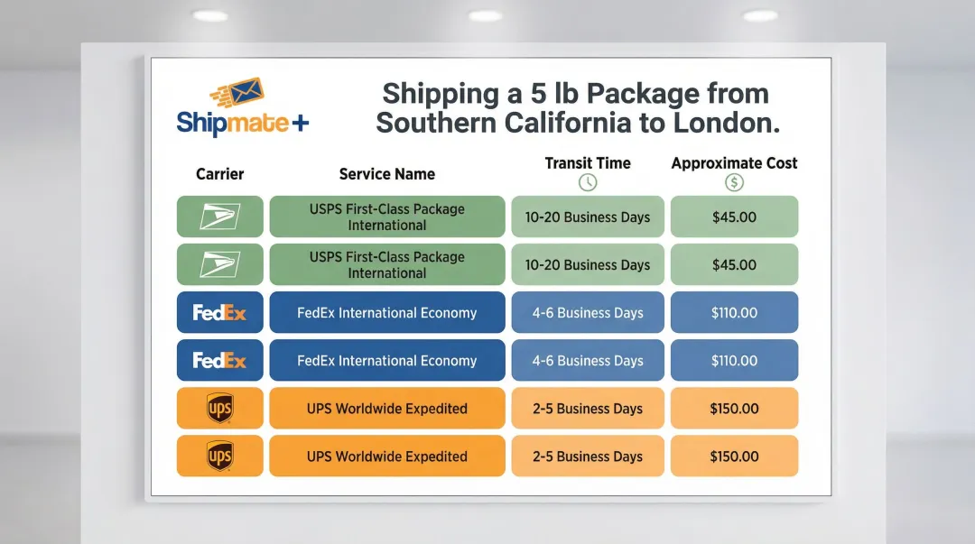 US-to-Europe carrier shipping cost and transit time comparison table infographic