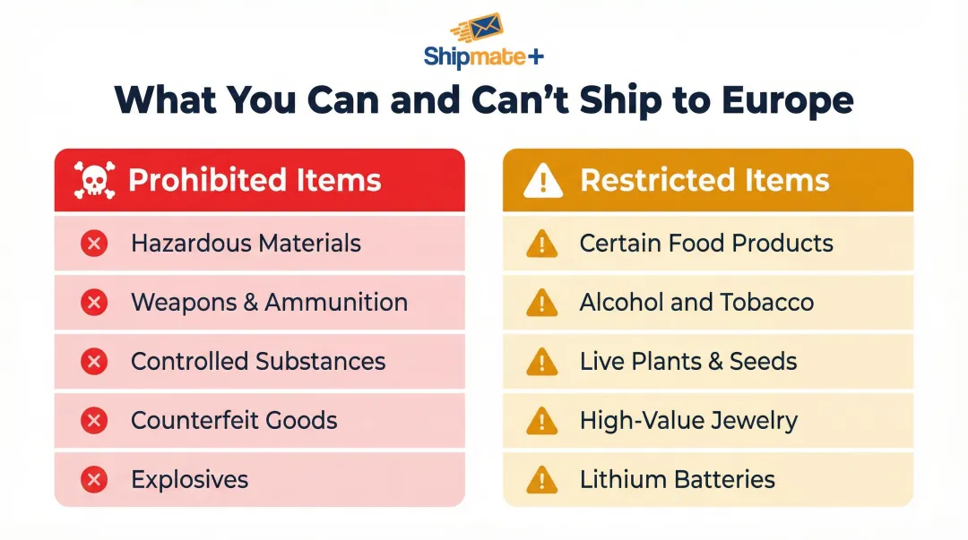 Prohibited and restricted international shipping items two-column comparison infographic
