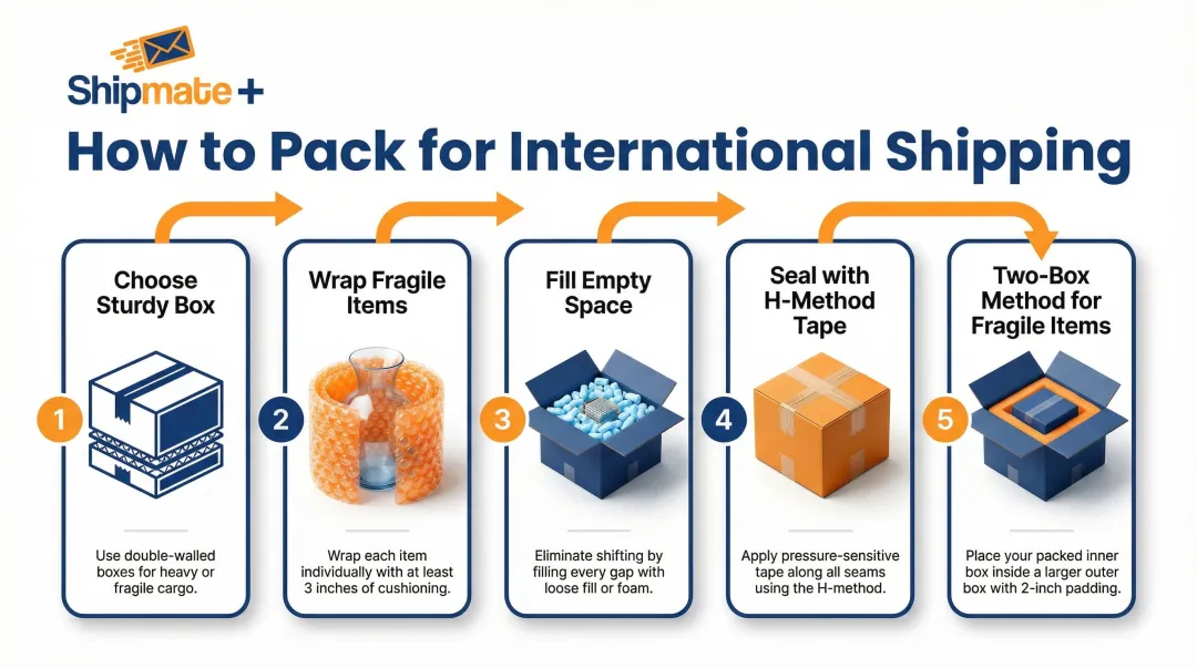 5-step international package packing best practices process flow infographic