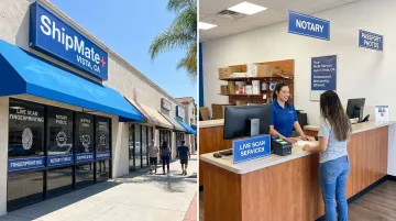 ShipMate Plus Vista CA storefront showing Live Scan fingerprinting and multi-service offerings