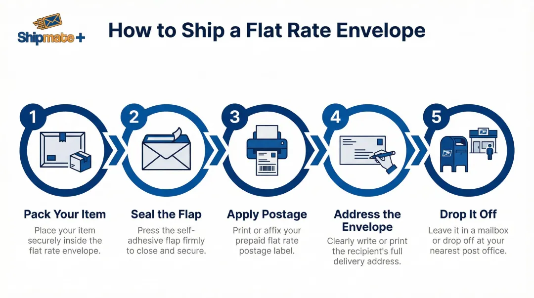 5-step USPS Priority Mail Flat Rate Envelope shipping process from packing to drop-off