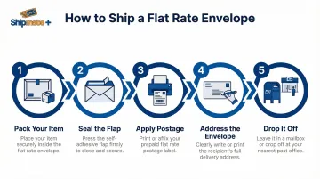 5-step USPS Priority Mail Flat Rate Envelope shipping process from packing to drop-off