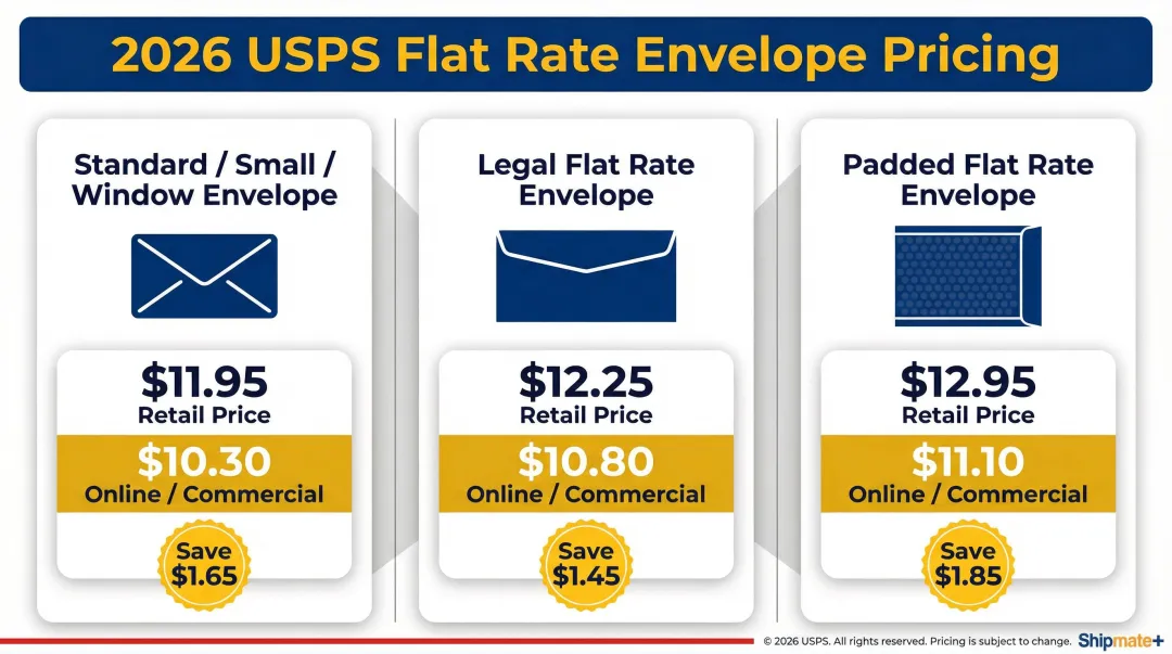 2026 USPS Priority Mail Flat Rate Envelope pricing comparison by envelope type