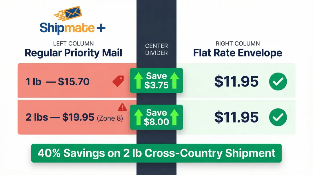 Flat rate envelope versus regular Priority Mail cost savings comparison chart by weight and zone