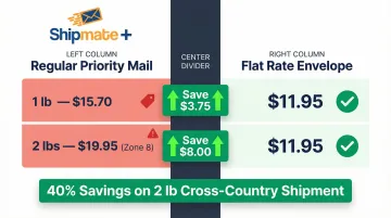 Flat rate envelope versus regular Priority Mail cost savings comparison chart by weight and zone