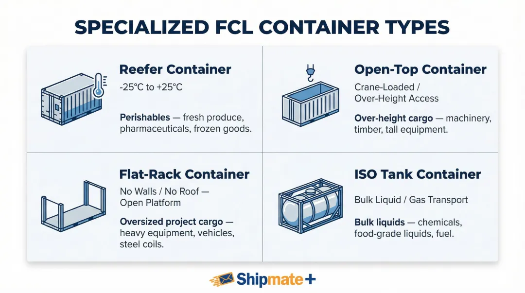 Four specialized FCL container types comparison reefer open-top flat-rack ISO tank