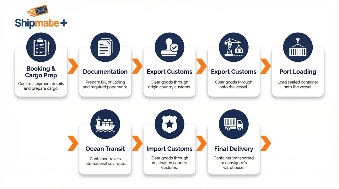 7-step FCL shipping process from booking to final delivery infographic