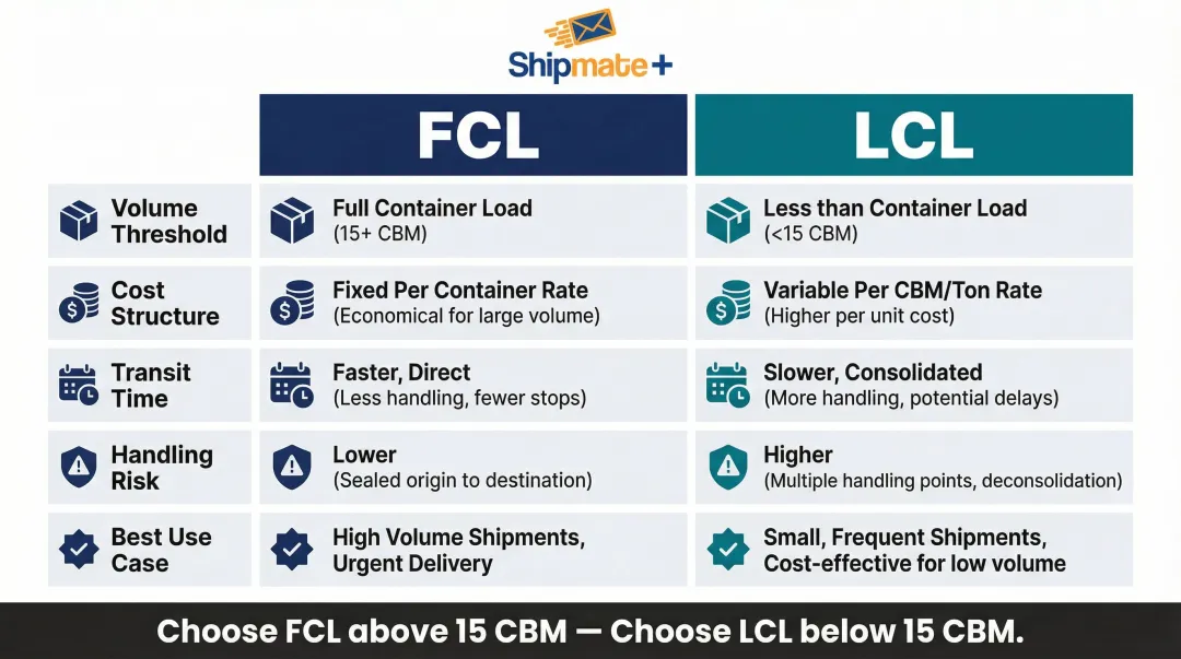 FCL versus LCL shipping comparison chart cost speed handling risk factors