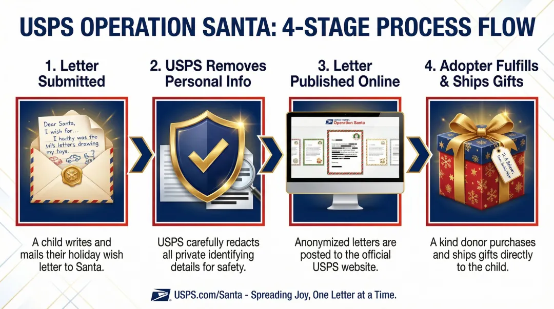 USPS Operation Santa 4-step process flow from letter submission to gift delivery
