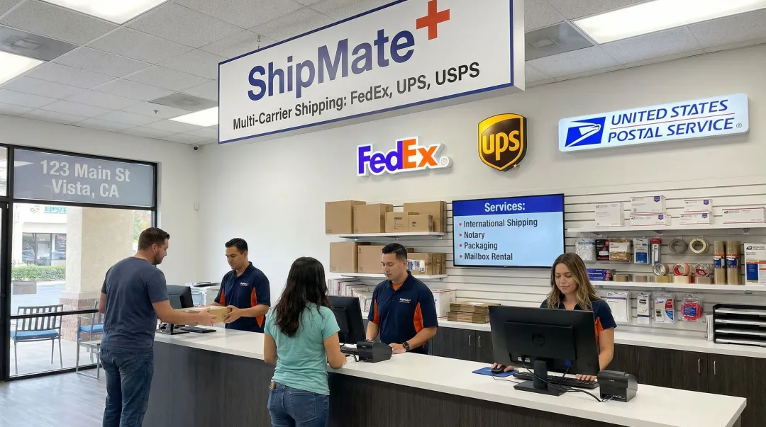 ShipMate Plus Vista CA shipping counter with FedEx UPS and USPS service options